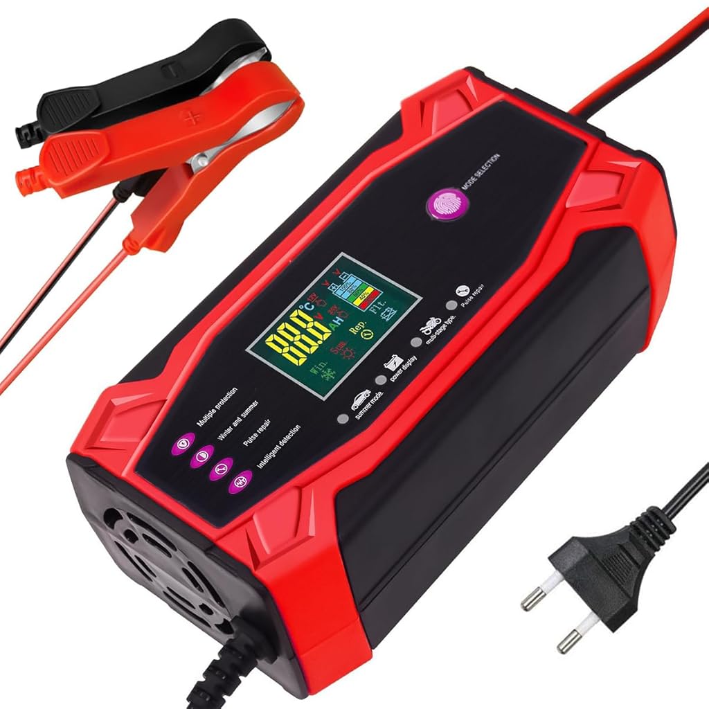 ZORBES® Car Battery Charger 10A 12V /24V Automatic Battery Charger with Battery Repair Mode EU Plug & Play Smart Battery Charger with LCD Display, Safe Battery Charger for Car, Lawn Mower, RV