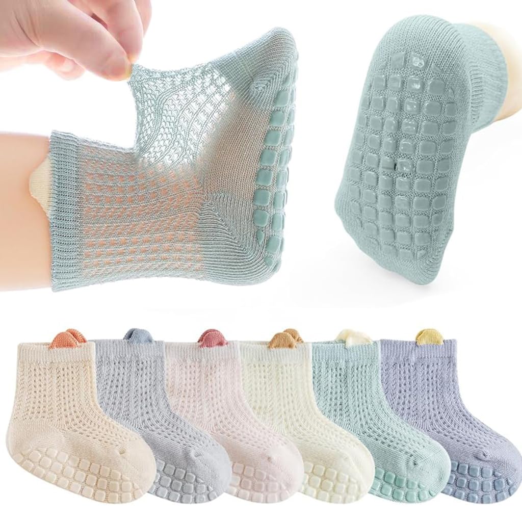 SNOWIE SOFT® 6 Pairs Baby Socks Set 0 to 6 Months, Summer Breathable Antislip Socks for New Born Baby Toddlers Floor Socks Cotton Socks Non Slip Grip Ankle Socks Infants Girls Boys 0-18 Month(S Size)