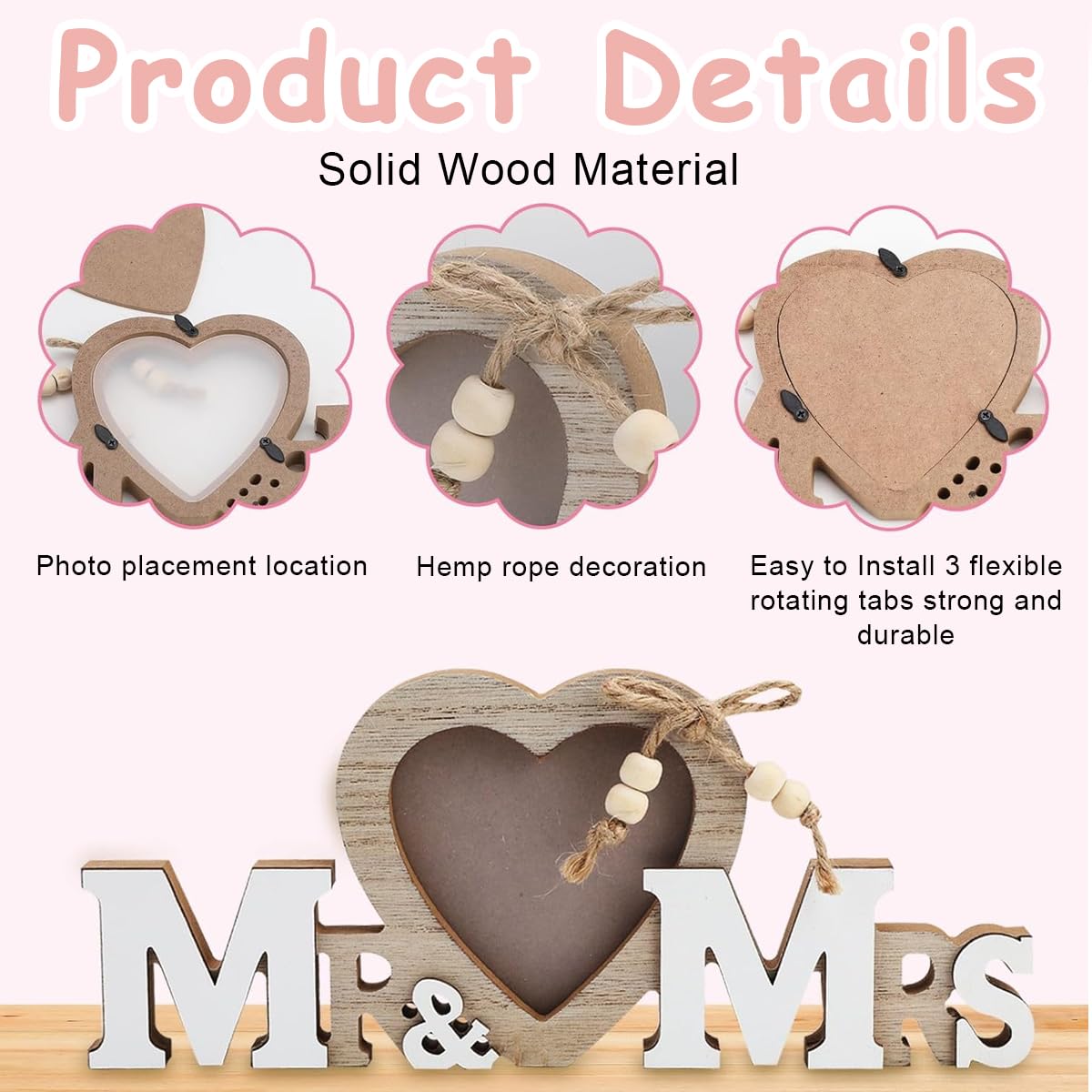 HASTHIP® Mr and Mrs Photo Frame Wedding Gifts for Bride Groom Wood Love Heart Wedding Decorations Holder Romantic Tabletop Picture Newlywed Anniversary Engagement Party Decoration