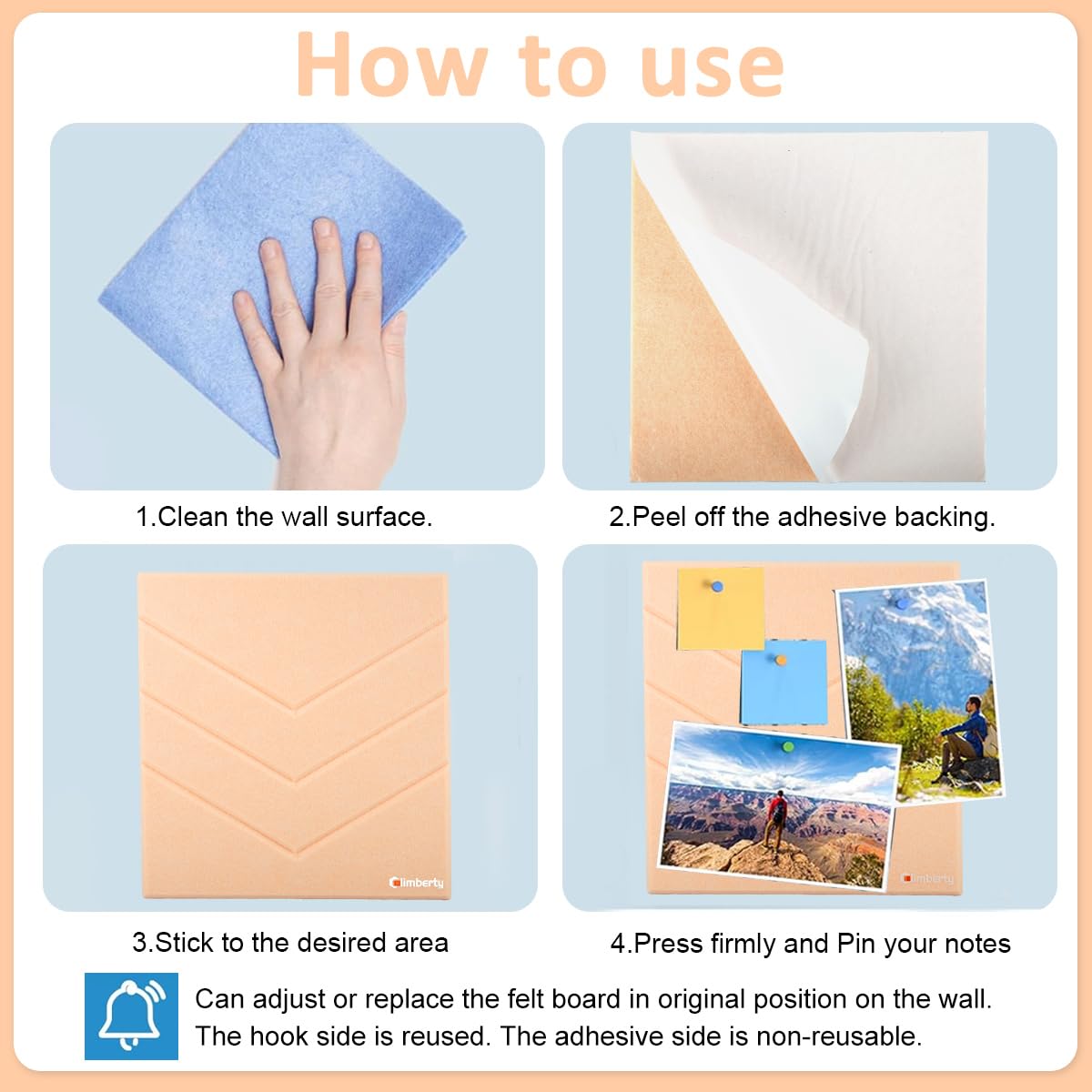 Climberty Felt Bulletin Board for Wall with Self Adhesive Panels 12 Pcs 11.8x11.8 in | Peach Pink Home and Office Organizer