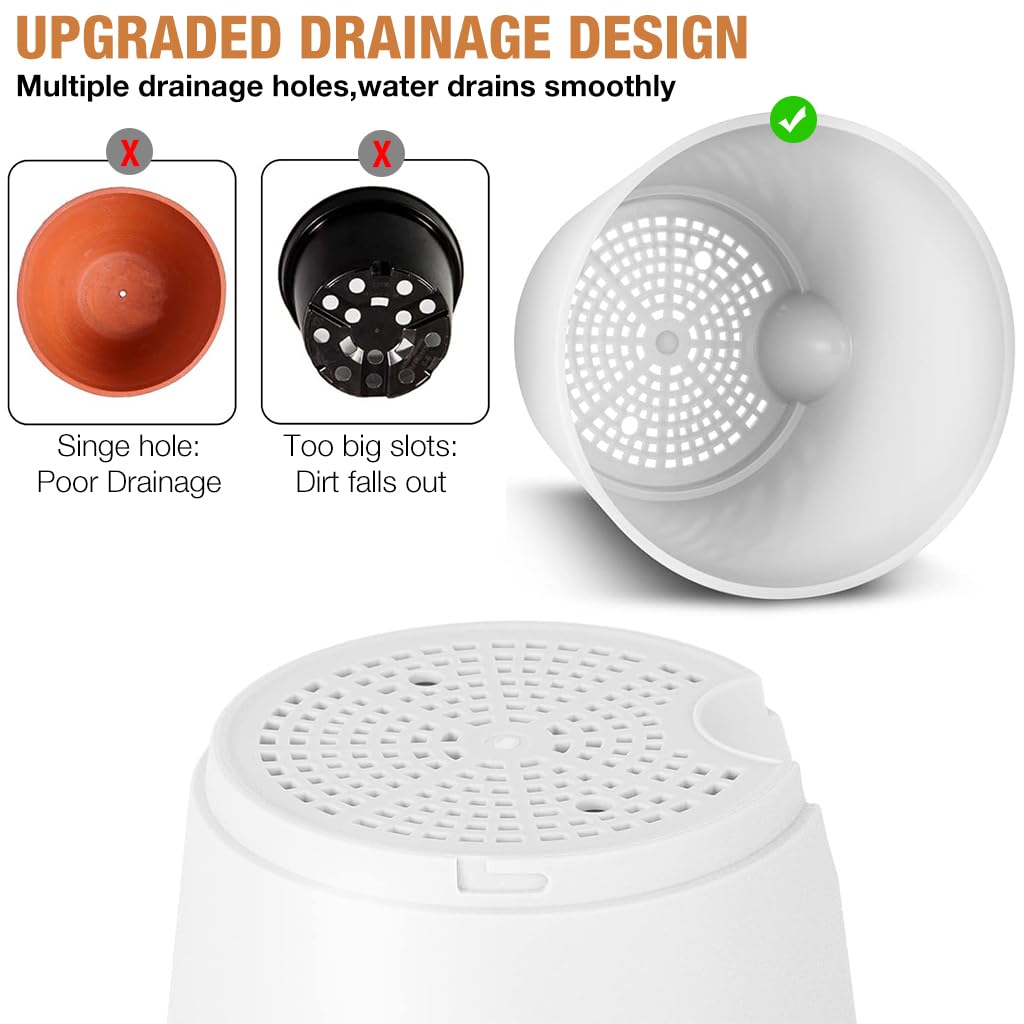 HASTHIP Self Watering Planters for Indoor and Outdoor Use featuring Drainage Holes and 6 Size Options | Recyclable Plastic Pots with Saucers in White