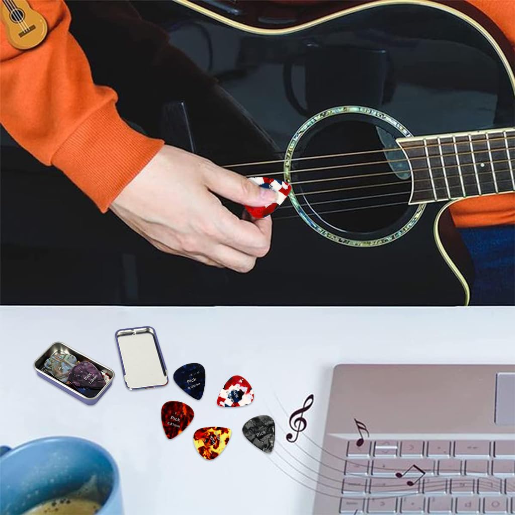 HASTHIP Guitar Picks Set for Acoustic and Electric Guitar with 12 pcs 0.46–1.5mm Celluloid | Ergonomic Grip and Metal Box