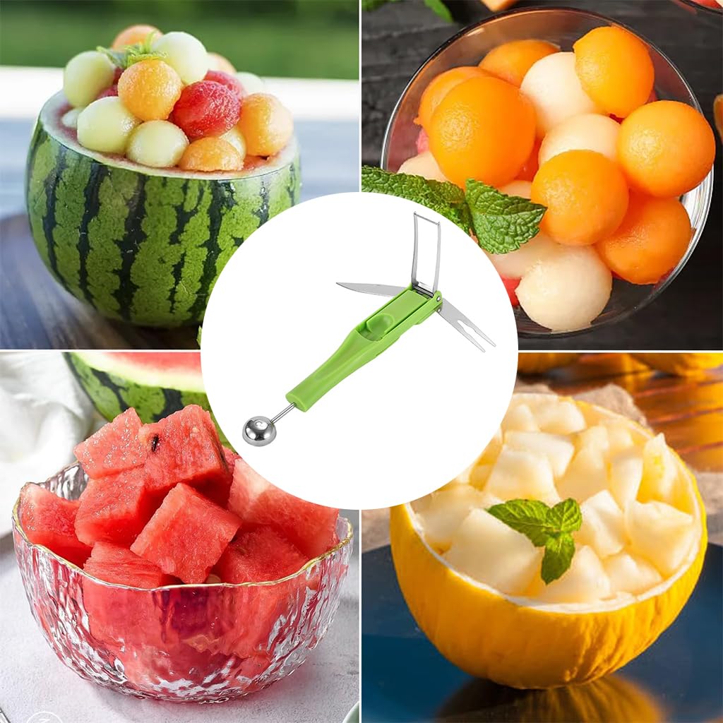 Supvox® Melon Baller Fruit Ball Spoon 4 in 1 Melon Scoop Fruit Scooper Tool with Folding Cutter & Fruit Fork Melon Scoop Tool for Cantaloupe, Dragon Fruit, Watermelon, Avocado