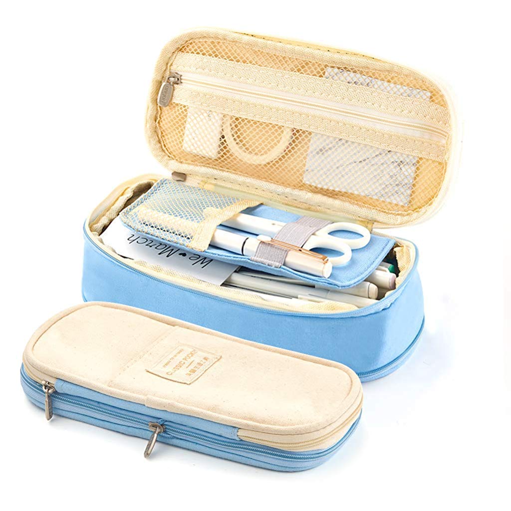 HASTHIP® Large Capacity Pencil Case, Durable Storage Multiple Compartment Double Zipper Portable Capacity Pencil Pouch for College Student Teen, 22x11cm (Light Blue) 2 PCS