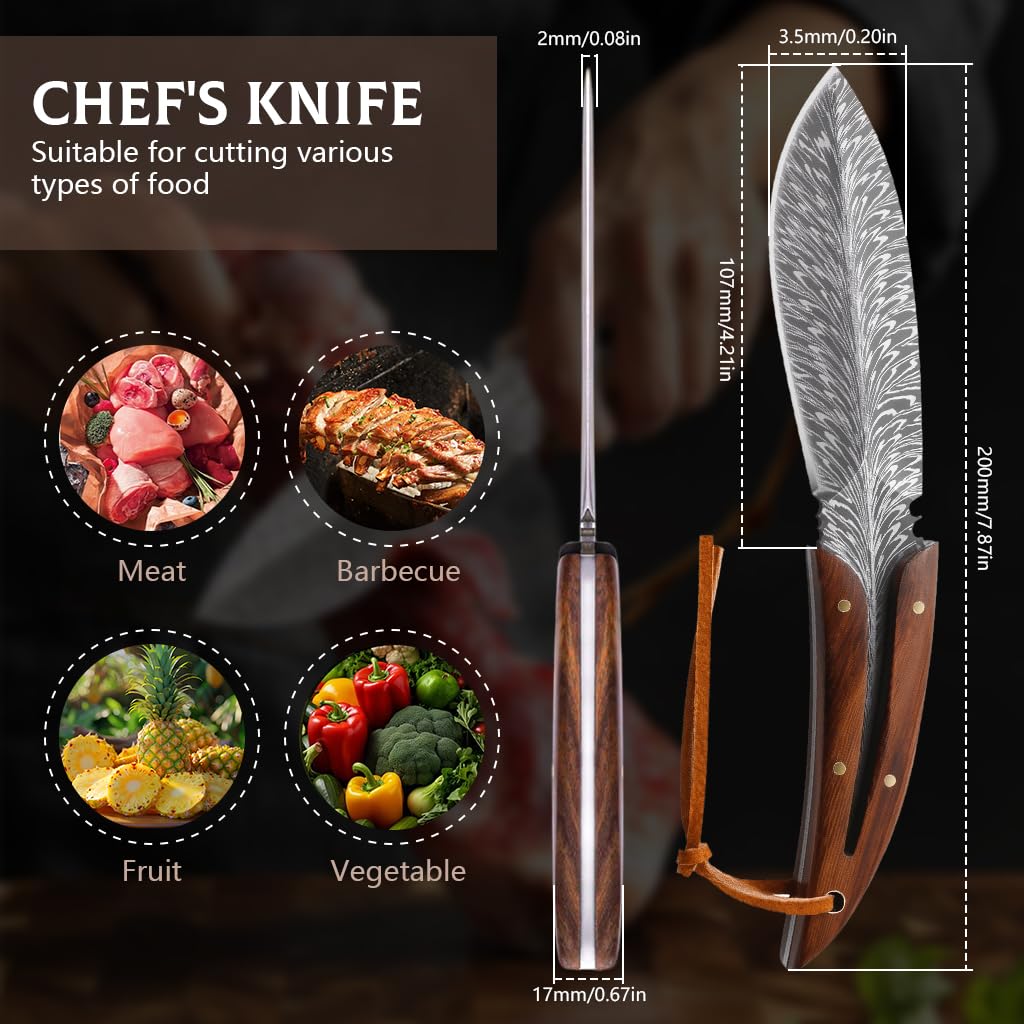 Serplex Kitchen Knife for Meat Cutting with Full Tang High Carbon Steel Blade 7.8 in | Rosewood Handle and Leather Sheath