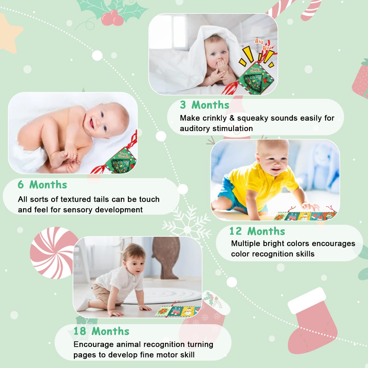 SNOWIE SOFT Baby Cloth Book for Crib Play with 3D Mirror & Squeaky Toy 115x70cm | Soft Cloth for Infants