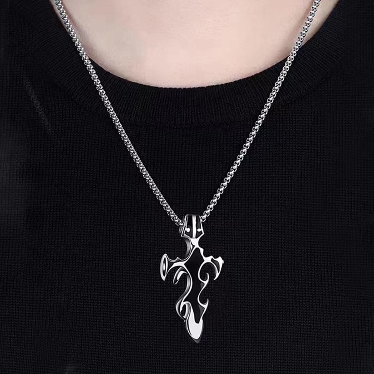 ZIBUYU Flame Cross Necklace for Men and Boys Flame Cross Pendant Chain for Men Titanium Steel Pendant Hiphop Men's Necklace Jewellery Accessories Gift for Men, Boys