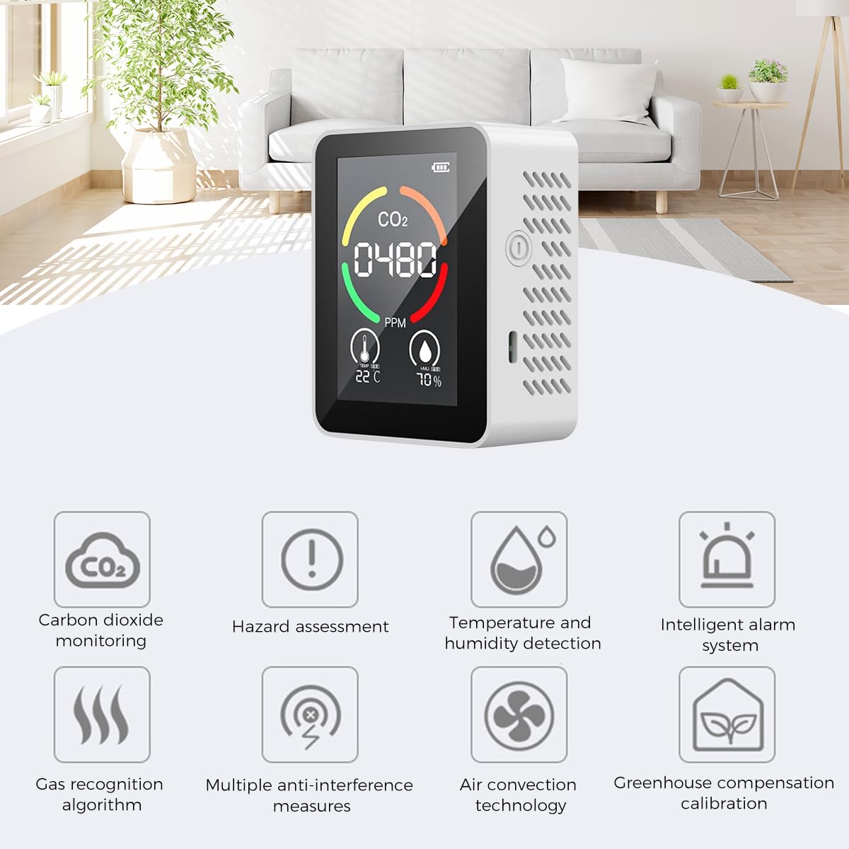 Serplex Air Quality Monitor for Indoor Use with 1200mAh Battery and LCD Screen | Tracks CO2 Temperature and Humidity