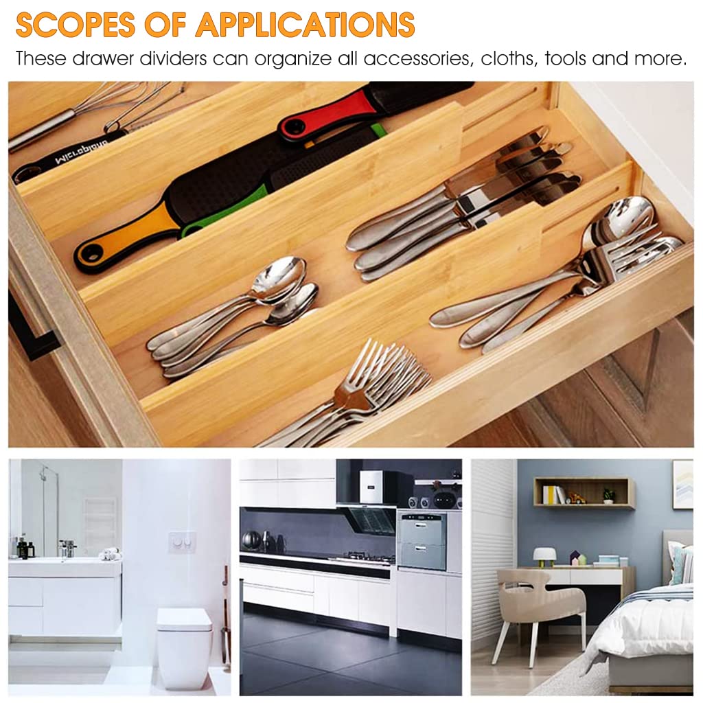 HASTHIP Bamboo Drawer Dividers for Kitchen and Bedroom featuring 17–22 in Expandable Spring Design | Set of 4 Organizers