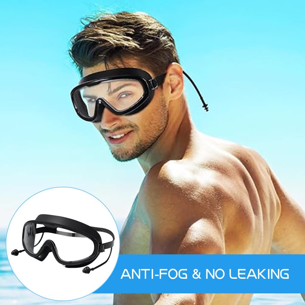 Proberos Swim Goggles for Adults with Integrated Ear Plugs and Anti Fog Lens | Black
