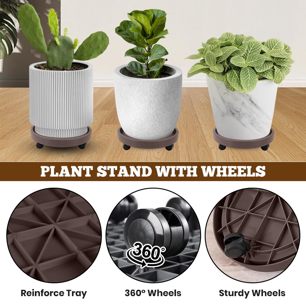 HASTHIP Plant Pot Stand for Indoor and Outdoor Use with 4 Wheels and 8.6 in Tray | Resin Brown