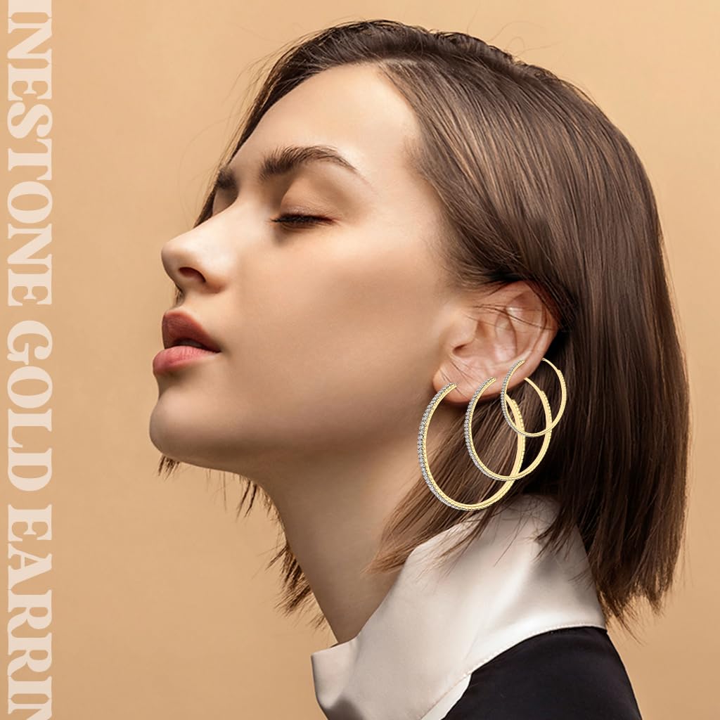 SANNIDHI Hoop Earrings Set for Women with Rhinestone Design 3 Pairs 2.5cm–4.4cm | Hypoallergenic Gold Jewelry