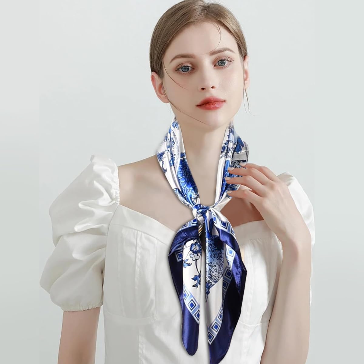 SANNIDHI Silk Scarf for Women 35x35 in featuring Blue Floral Print and Soft Satin Fabric | Versatile Neck Hair and Bag Accessory