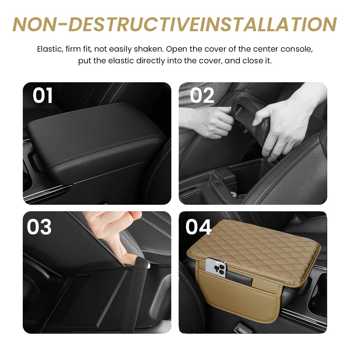 STHIRA Car Armrest Cushion Pad with Dual Storage Bags 20x30.8cm Microfiber Leather Khaki
