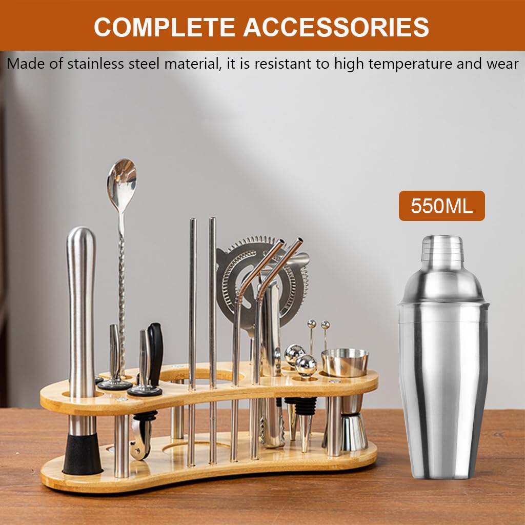 Supvox® 19Pcs Cocktail Shaker Set, 550ml Stainless Steel Cocktail Shaker Muddler, Strainer, Jigger, Spoon, Ice Tools, Wooden Holder, Complete Bartender Kit for Home Bar & Beginners