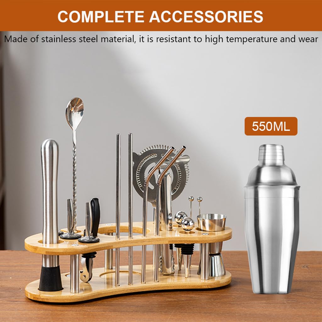 Supvox Cocktail Shaker Set for Home and Bar with Bamboo Stand | 19Pcs 550ml Stainless Steel Tools