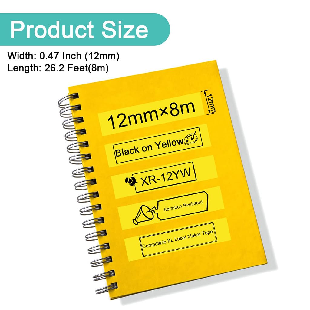 ZIBUYU Label Tape for Casio KL Series featuring 12mm Width & 8m Roll | Yellow Black Ink