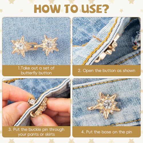 SANNIDHI® 4 Pairs Jeans Waist Adjusters for Women Fashion Star Rhinestone Embellishment Buttons for Loose Pants No Sew Removable Side Tabs Trouser Skirt 2 PCS
