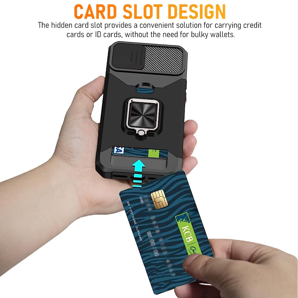 ZORBES Phone Case for iPhone 14 with Folding Ring Grip and Sliding Camera Cover | Black TPU Anti-Scratch Card Slot Design