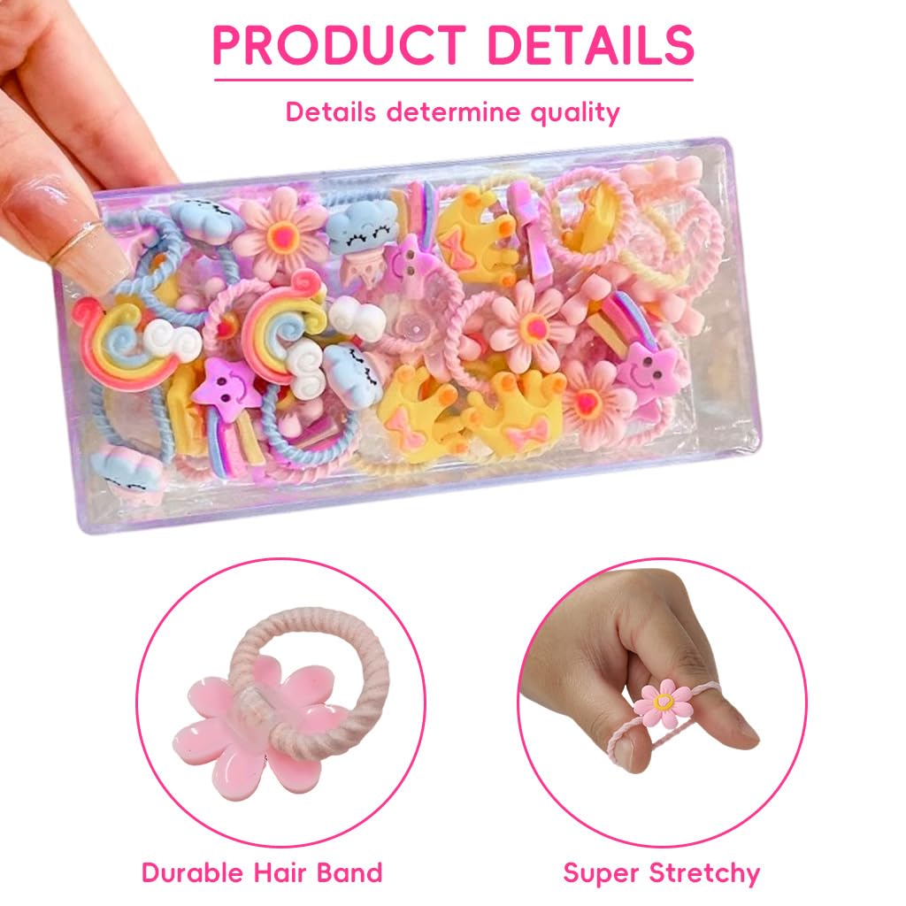 SANNIDHI Hair Elastics for Girls with 30 Colorful Kawaii Ties and Storage Box | Soft Stretchy Loops