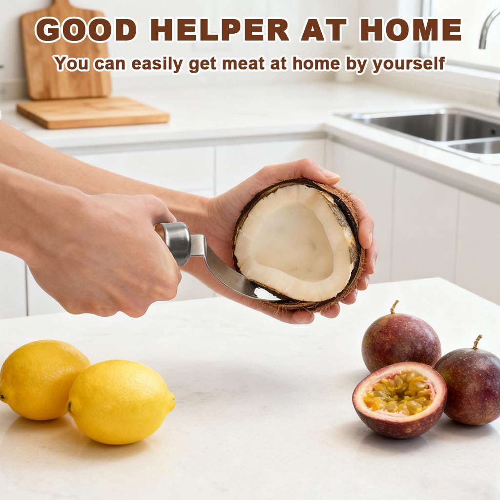 HASTHIP Coconut Pulp Scraper Tool for Easy Pulp Removal with Curved Blade and Wooden Handle