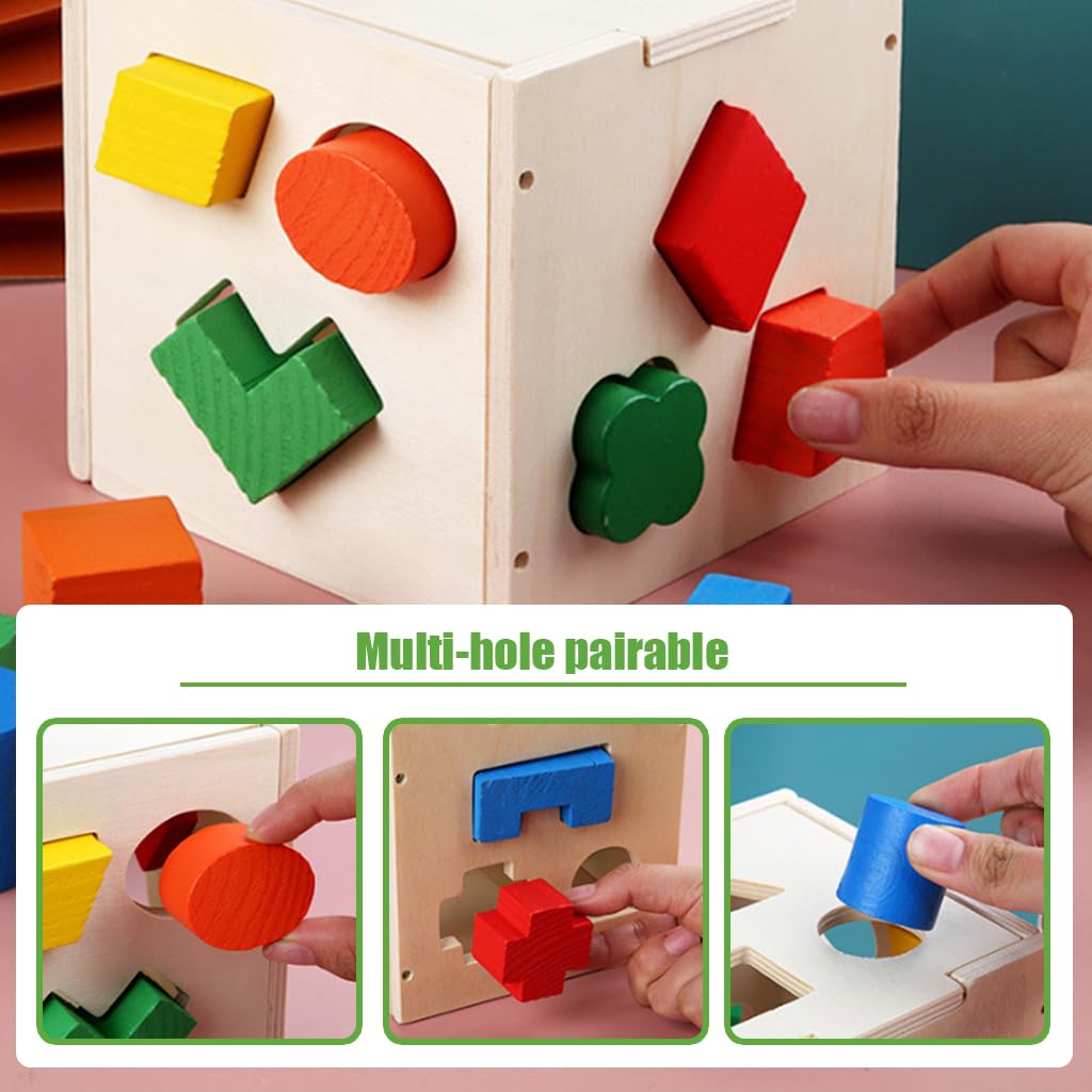 PATPAT Montessori Toy for Kids with 15 Colorful Shapes and Open Lid Wooden Cube | Fine Motor Skill Gift for Ages 2–5