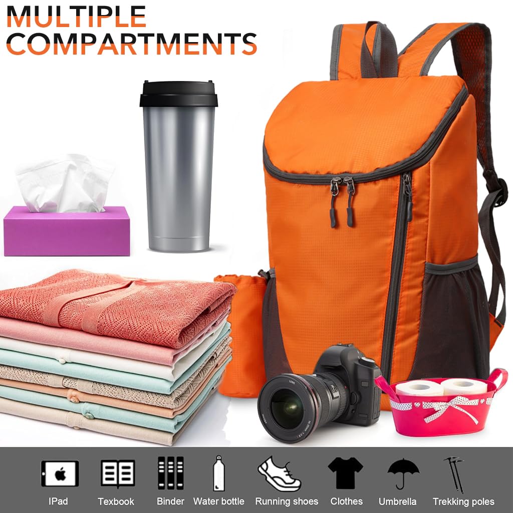 Venzina Travel Backpack for Hiking and Camping with 20L Capacity and Foldable Design | Lightweight Water Resistant Orange Bag