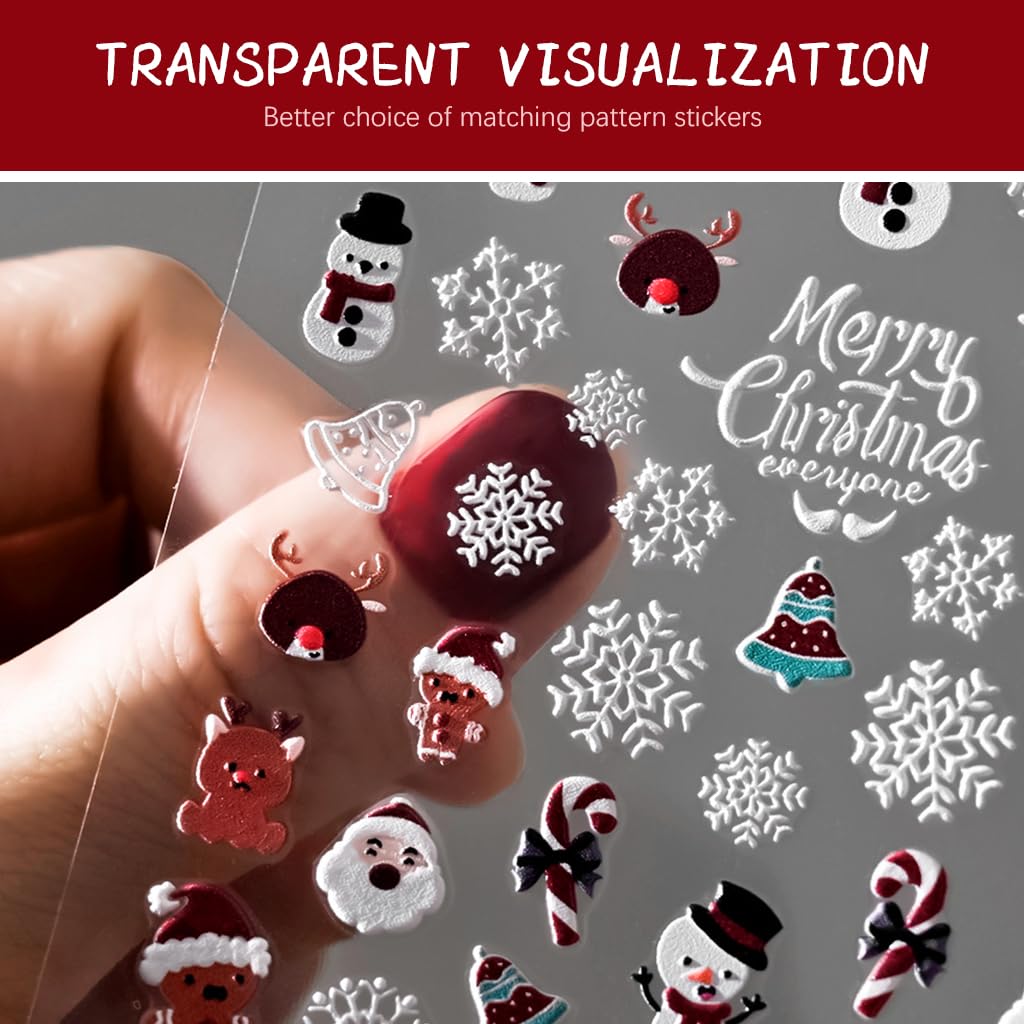 MAYCREATE Christmas Nail Stickers for DIY Nail Art with 3D Embossed Designs 6 Sheets | Self Adhesive Set for Women