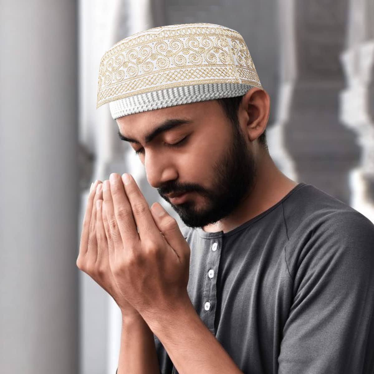 GUSTAVE Muslim Cap for Men featuring digital embroidery and polyester cotton 56‑58cm | classic grey prayer kufi