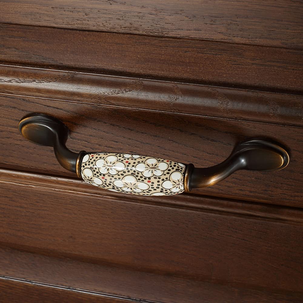 HASTHIP 2PCS Ceramic Door Handle Gold Antique Finish, Zinc Alloy Antique Bronze Plated for Wood Wardrobe Cabinet Drawer Home Decoration with Screws (Size 5.67 Inch, Yellow Flower Hand Painted)