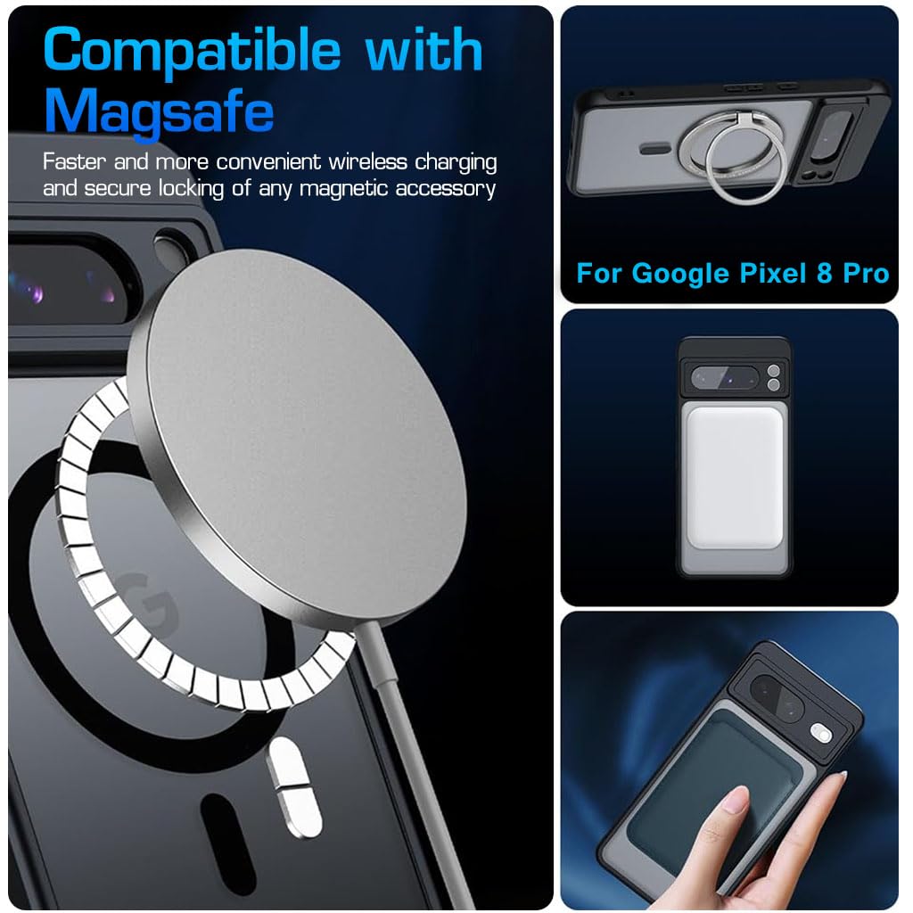 ZORBES Phone Case for Google Pixel 8 Pro with Magnet Ring and Lens Cover | Matte Semi Transparent Shockproof Protective Cover