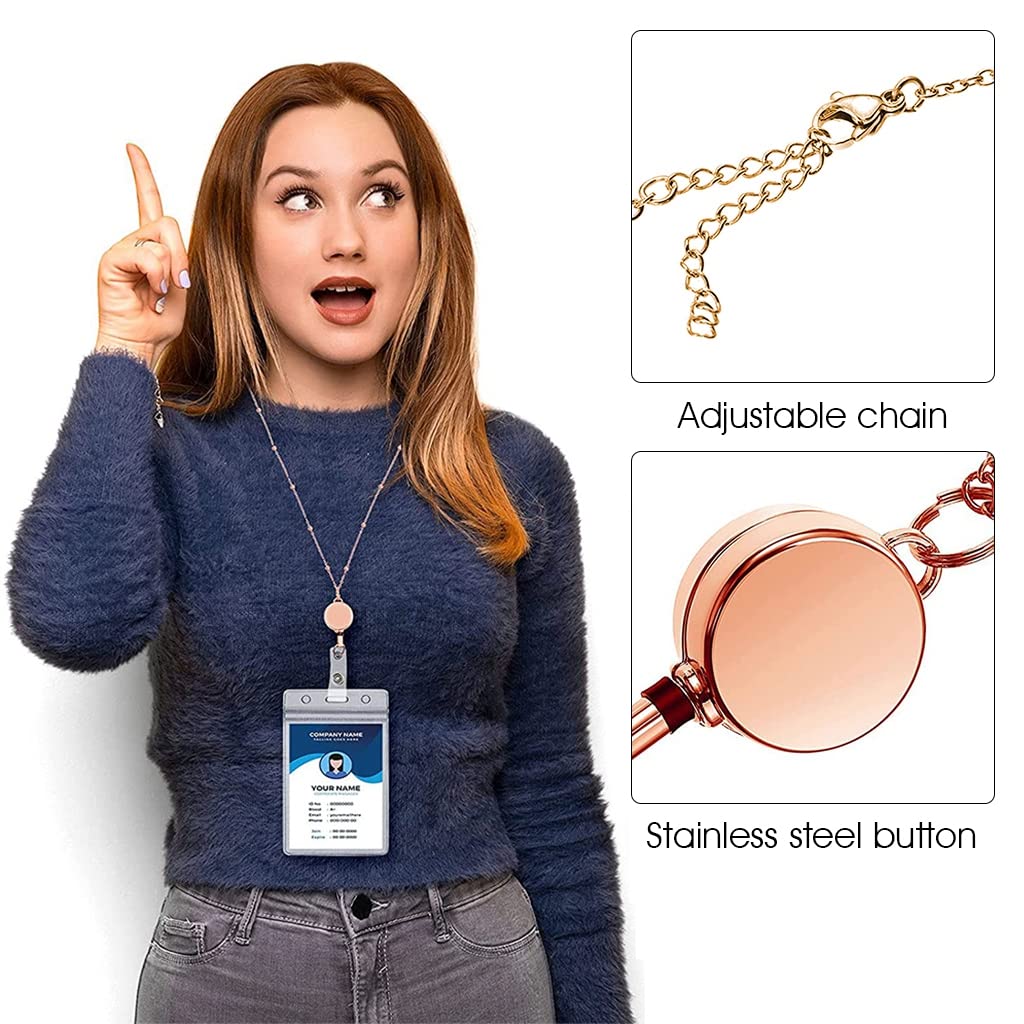 ELEPHANTBOAT® Rose Golden ID Card Holder with Metal Lanyard for Office ID Cards,Heavy Duty Retractable Badge Holder with 2 Waterproof Transparent Card Sleeves & 1 Lanyard