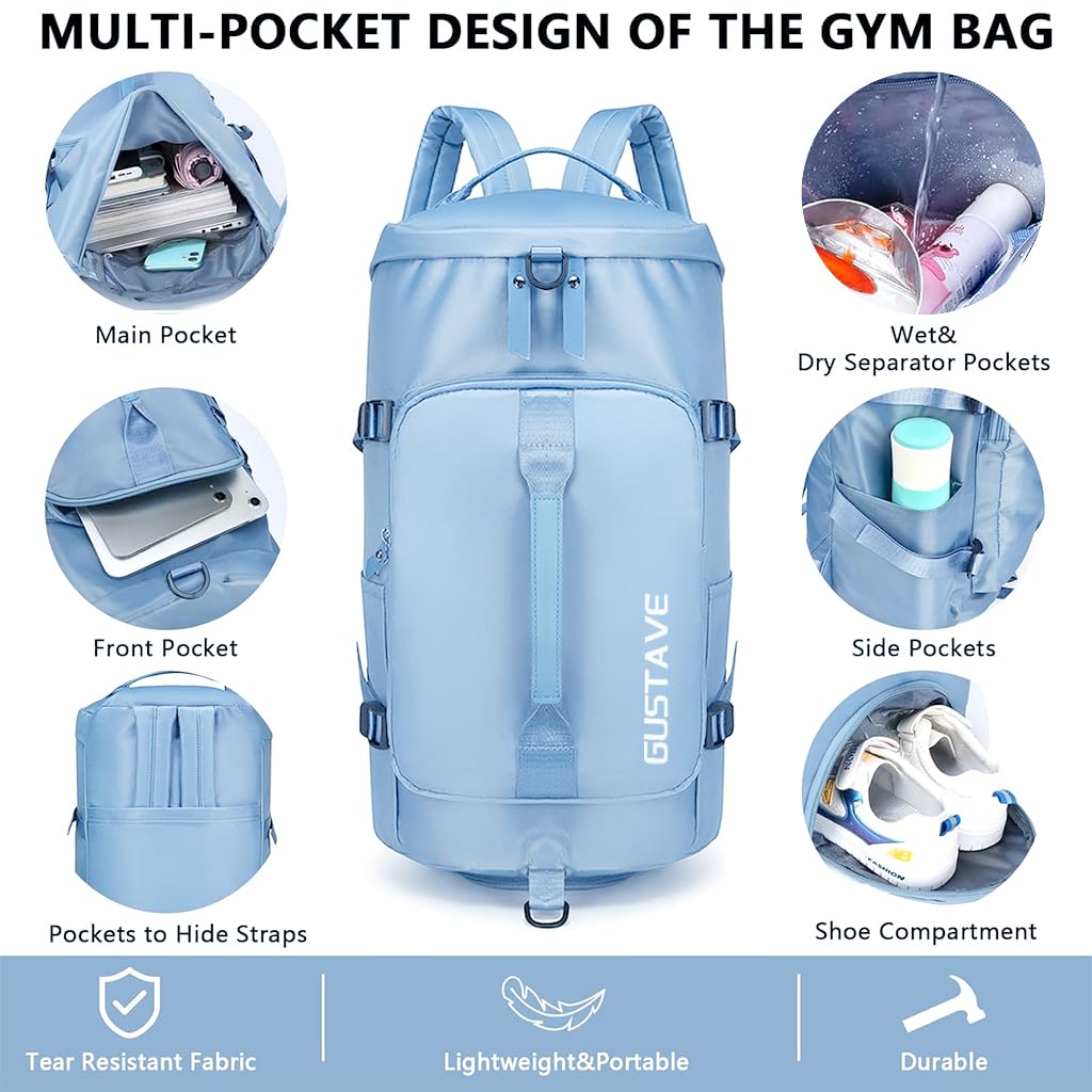 ZIBUYU Gym Bag for Workout and Travel featuring 30L Capacity with Shoe Compartment | Waterproof Oxford Cloth Blue Backpack