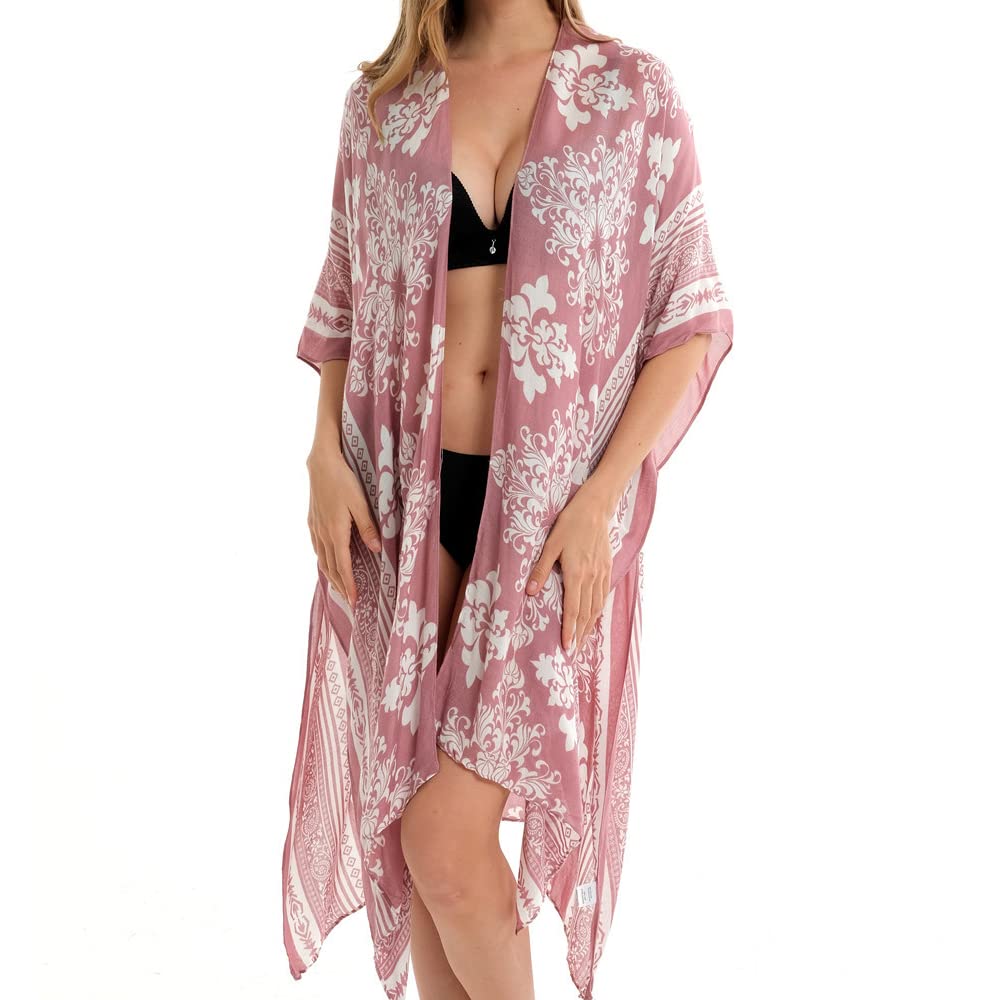 PALAY® Women's Coverups for Beach Wear, Floral Print Beachwear for Women, Summer Swimsuits Beach Coverup Cardigan Wrap, Vacation Casual Cover Up for Bikini Swimwear (3/4 Sleeve, Open Front)