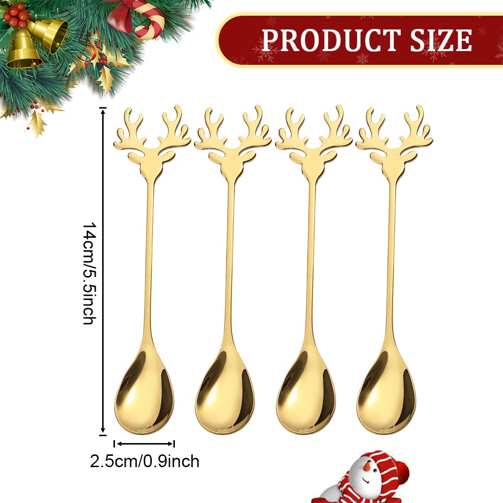 HASTHIP Christmas Spoon Set for Coffee and Dessert with Elk Antler Handles | 4-Piece Golden Stainless Steel Gift
