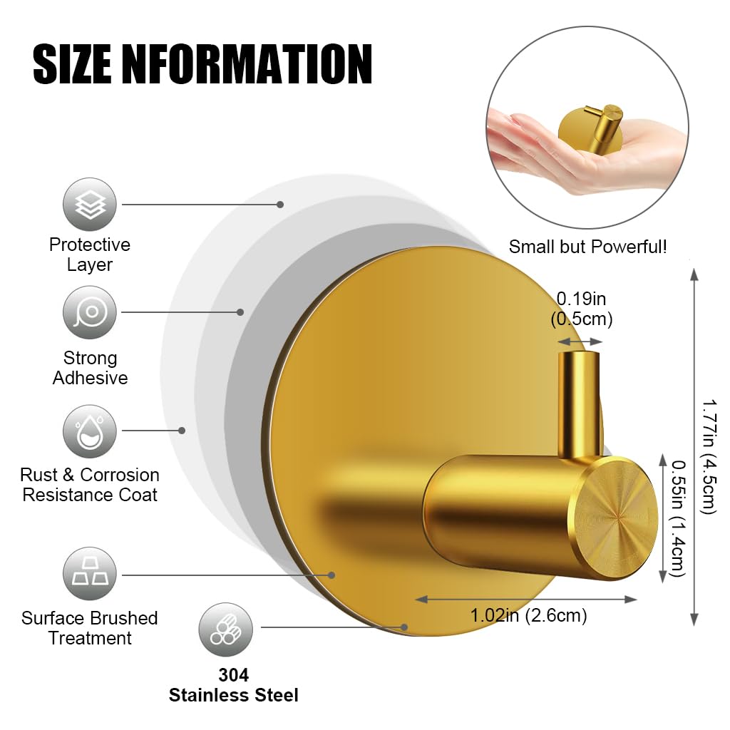 HASTHIP Self Adhesive Wall Hooks for Bathroom and Kitchen featuring 4pcs 0.5 in Golden Stainless Steel | Waterproof Rustproof Utility Hooks