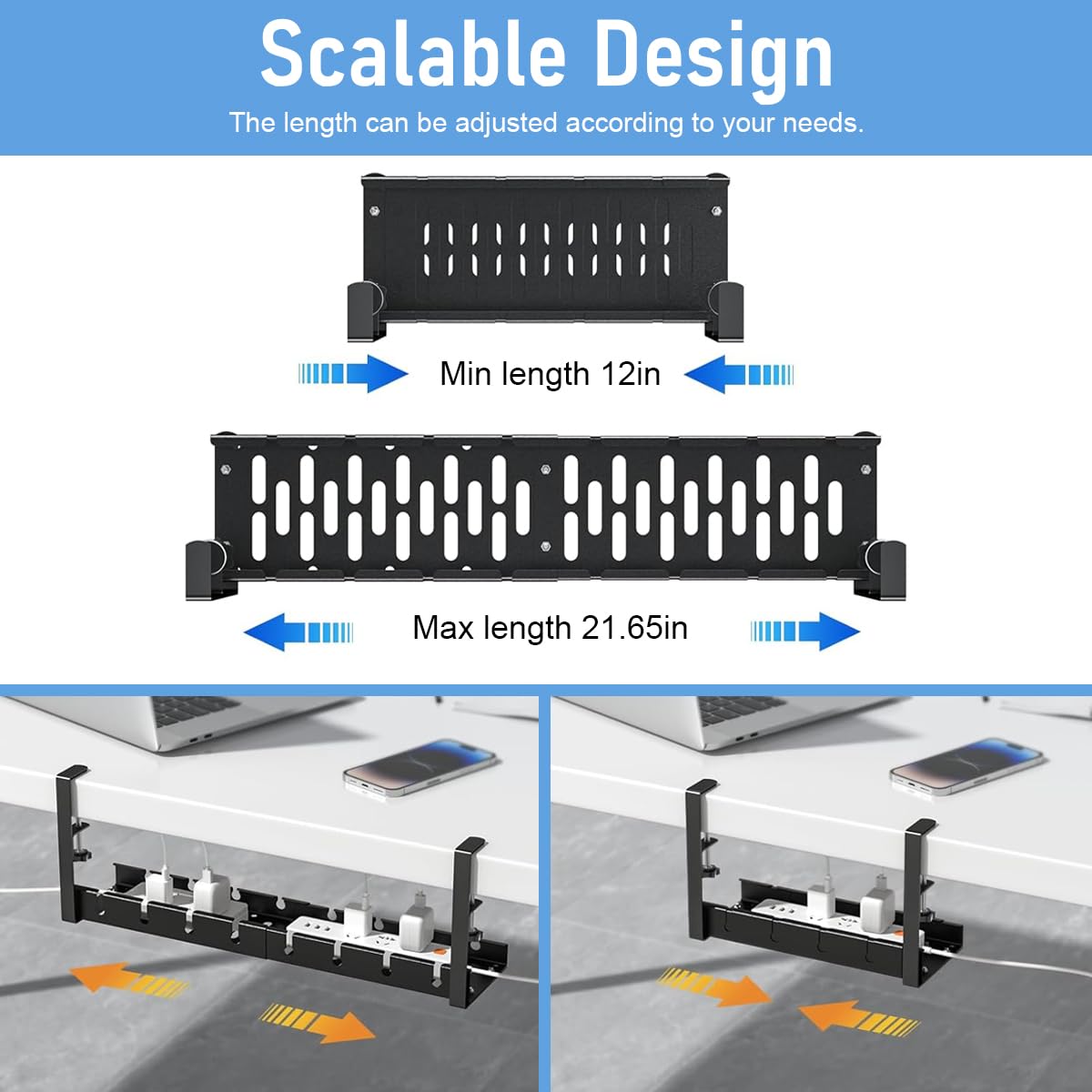 OFIFO Under Desk Cable Organizer for Workspaces with 28.5–55 cm Retractable Tray | Carbon Steel Build