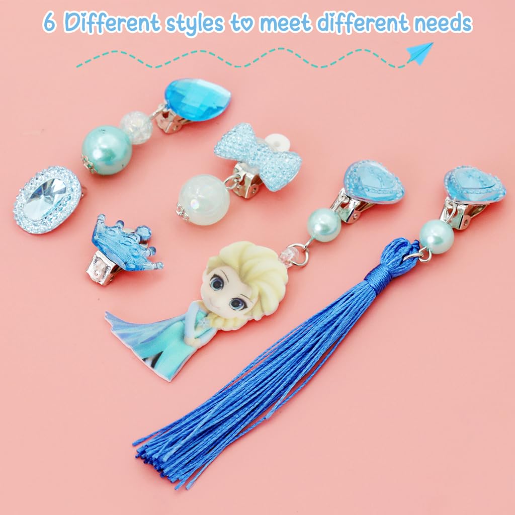 SANNIDHI 6 Pairs Girls Clip-on Earrings Princess Elsa Clip-on Earrings Set Shining Blue Rhinestone Earrings for Little Girls Wardrobe Earrings Set Jewelry Gift for Girls