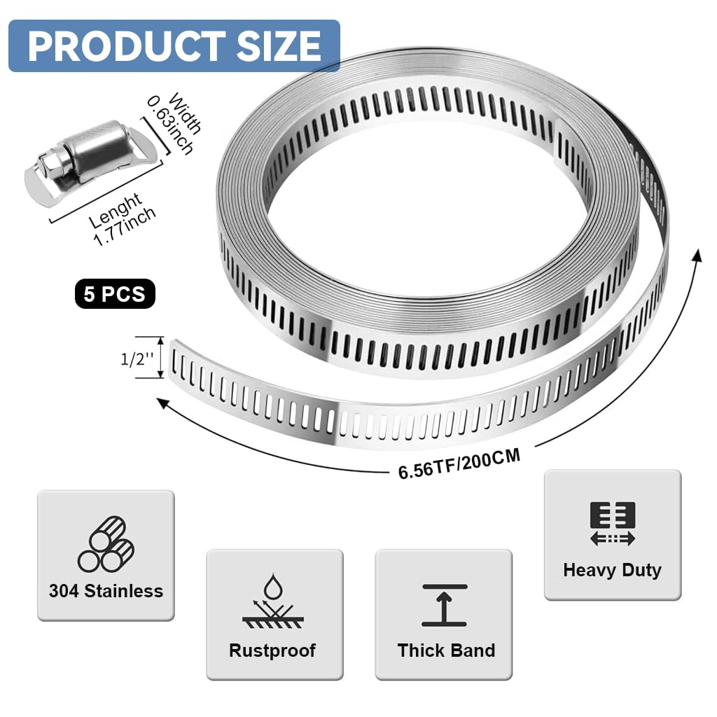 Serplex Hose Clamp Roll for Plumbing and Pipe Repairing featuring 6.6ft Band with 5 Bolts | 304 Stainless Steel