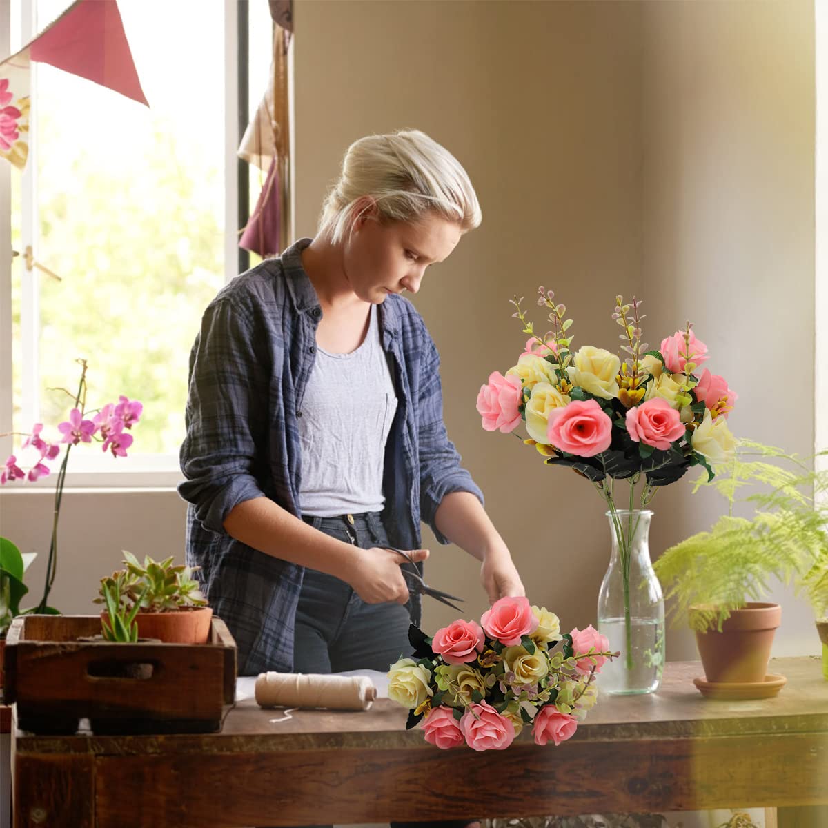 HASTHIP Artificial Rose Flowers for Home and Wedding Decor with 2 Bundles 24pcs Pink and White Silk Roses