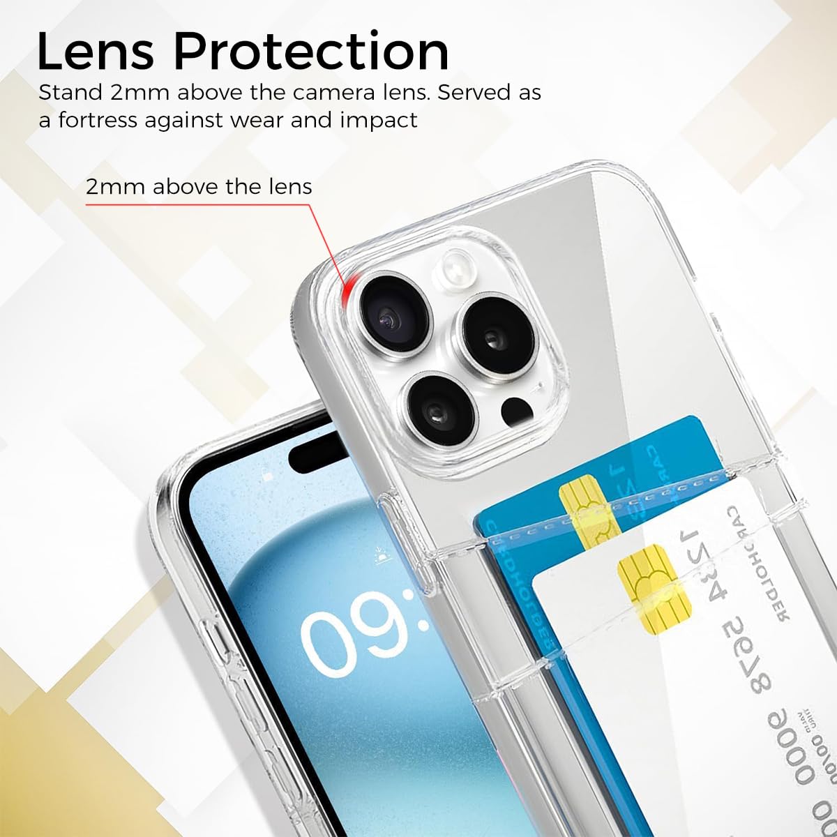 ZORBES Phone Case for iPhone 15 Pro Max with 2 Card Holder and 2mm Lens Protector | Clear Soft TPU Cover