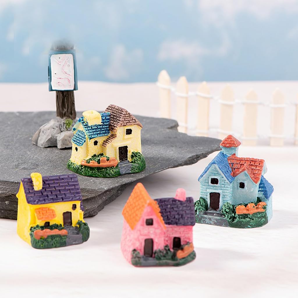 Zibuyu Miniature Toys House Set for Fairy Garden Décor with 4 Resin Waterproof Pieces