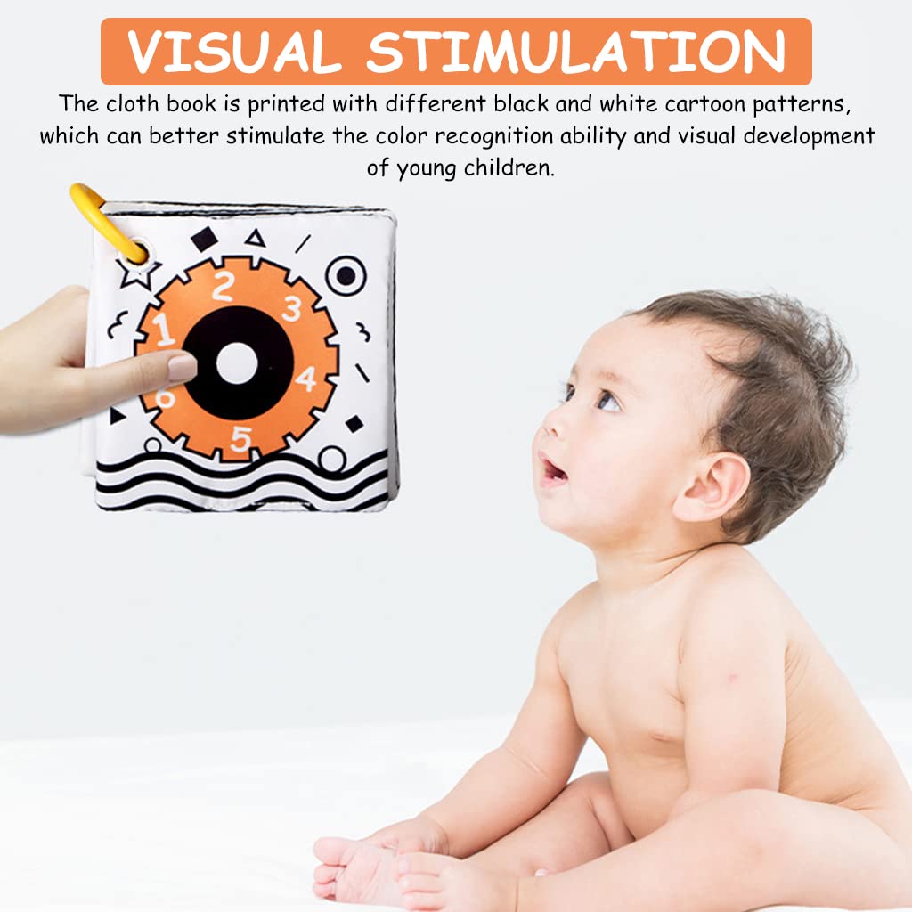 HASTHIP Baby Cloth Book for Tummy Time with 6 Double Sided Pages and Silicone Hoop | Black and White Visual Toy for 0–12 Month Infants
