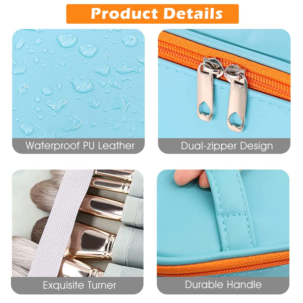 ZIBUYU Makeup Organizer Bag for Travel and Home with Waterproof PU & Zippered Pouch Set 3 Piece | Blue Cosmetic Bags for Women
