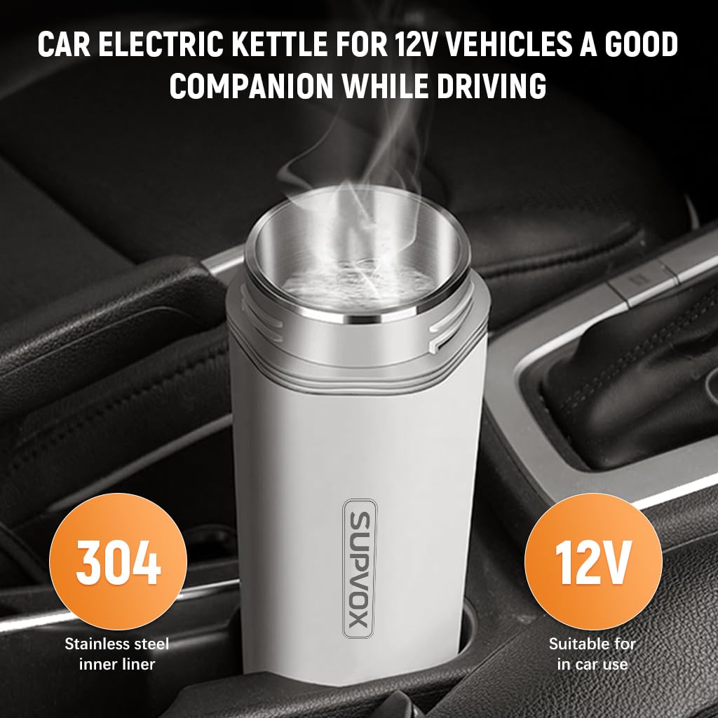 Supvox® 12V Car Electric Water Kettle Fast Heating Electric Water Kettle 400ml Travel Electric Water Kettle with Hand Strap 304 Stainless Steel Thermal Electric Water Kettle