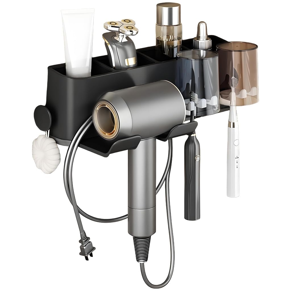 HASTHIP Hair Dryer Holder for Bathroom with 4 in 1 Storage and Self Adhesive Mount | ABS Wall Organizer