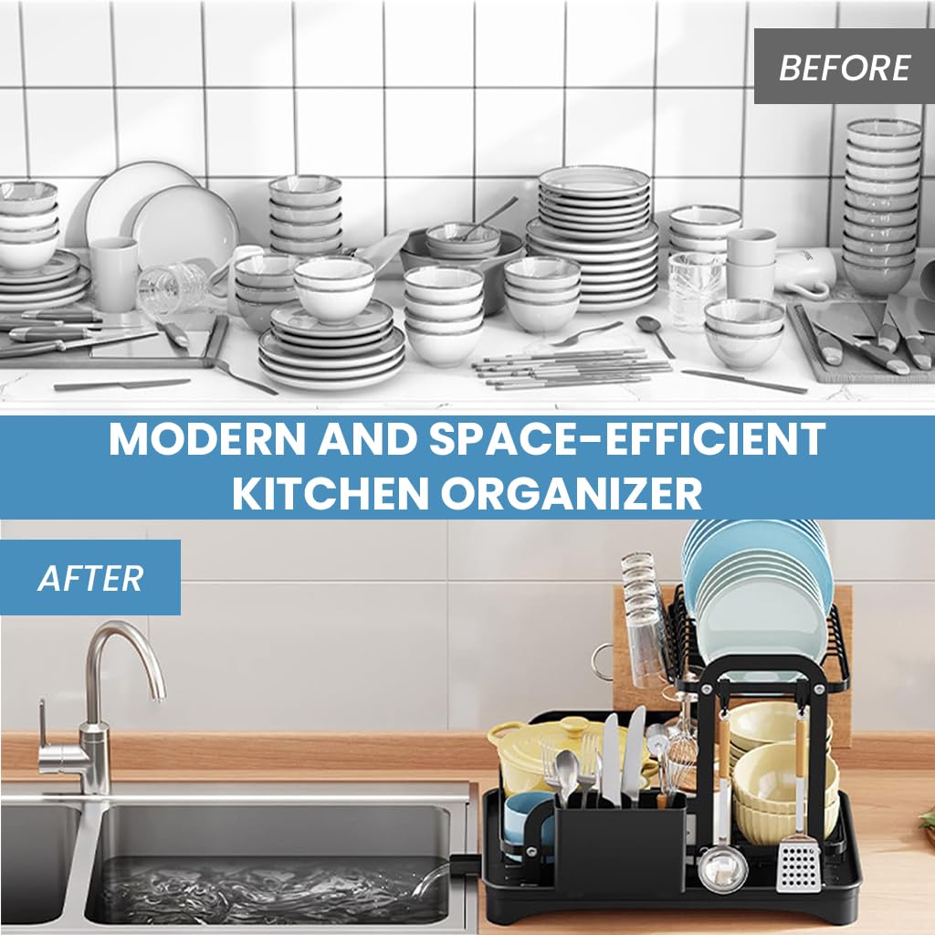 HASTHIP Kitchen Utensil Drying Rack with Double Layer Storage and Drain Pipe | 42x30x32cm Metal Organizer