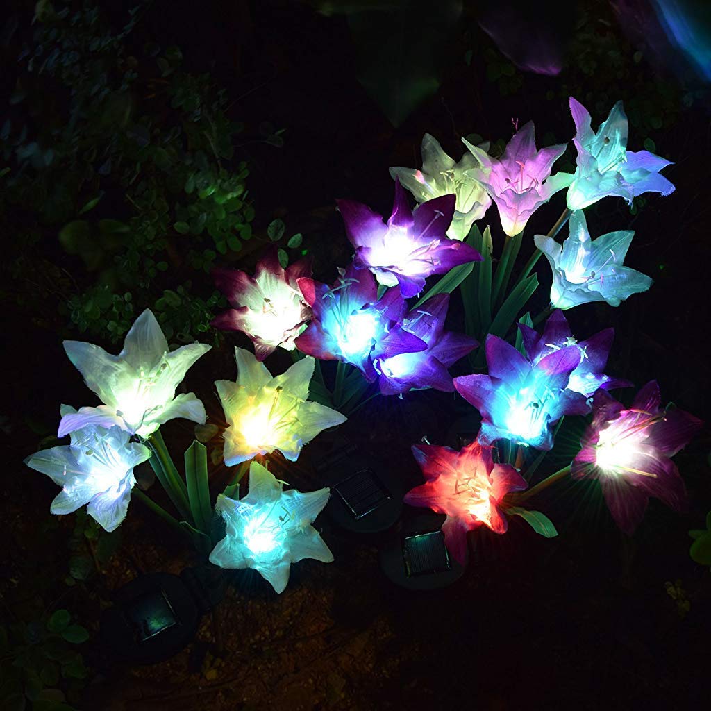Supvox Outdoor Solar Garden Flower Lights, 2 Pack Solar Powered Lights with 8 Lily Flowers, Multi-Color Changing Decorative Underground Lights for Garden, Patio, Backyard (Purple and White)