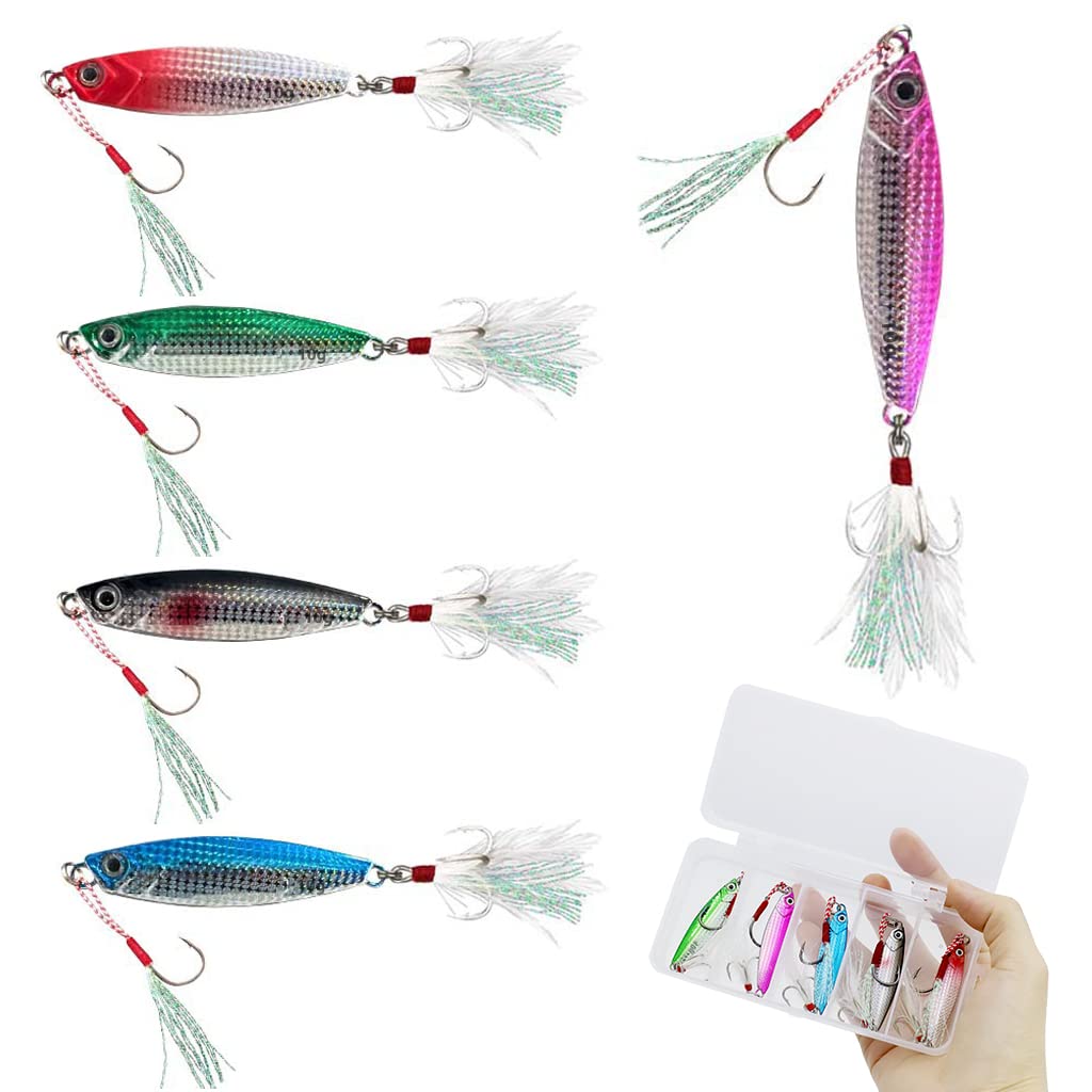 Proberos® 5Pcs Fishing Lures, Dual Hook Metal Lures, Sinking Fishing Lure Bait for Saltwater Freshwater Trout Bass Salmon Fishing, Lifelike Eyes, 5 Colors Fishing Lures of 4.8cm, 10g Per One