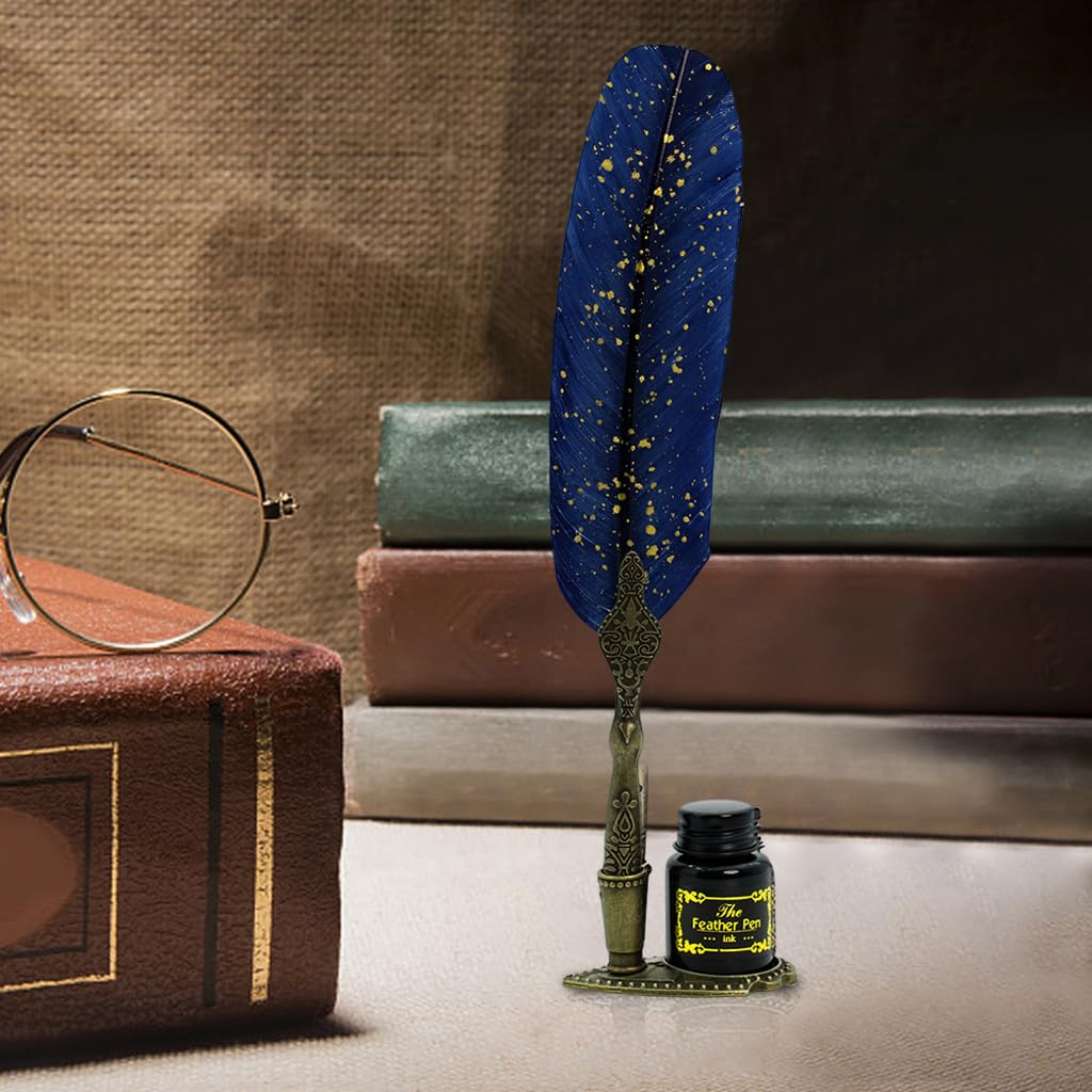 HASTHIP Vintage Feather Pen Set for Calligraphy with 2 Nibs and Stand Base | Blue Ink